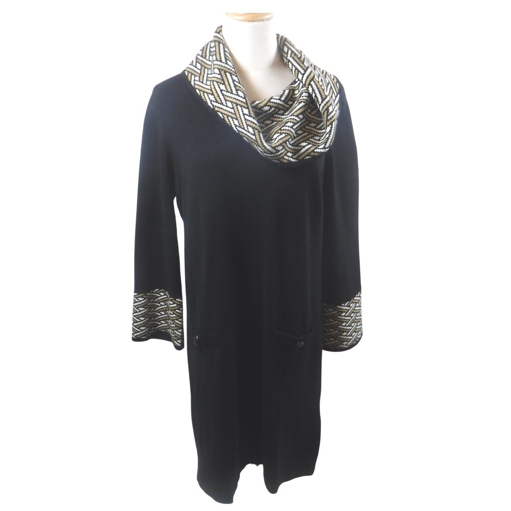 JH Women's Large Black Cowl Neck Knit‎ Sweater Dress Geometric Trim